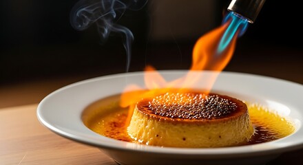 Chef Using a Culinary Torch to Caramelize a Cr?me Br?l?e Dessert.
