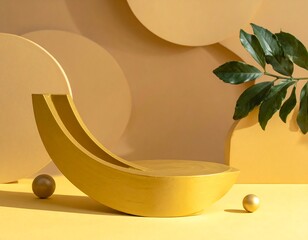 Minimalist product display with yellow platform and plant accents.