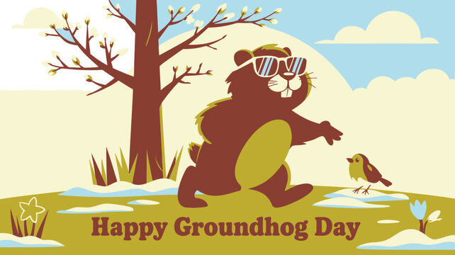 Groundhog Day Cartoon Illustration Groundhog Wearing Sunglasses with Bird, Flowers, and Tree Background