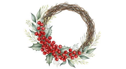 Watercolor christmas wreath with red berries, holly leaves, and dried grass, isolated on transparent background