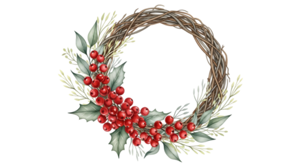 Watercolor christmas wreath with red berries, holly leaves, and dried grass, isolated on transparent background