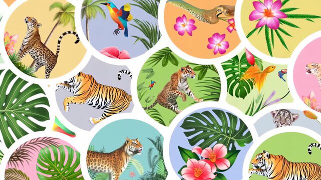 Animated tropical jungle animals and plants pattern