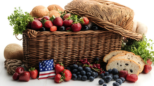 Fresh basket of berries, bread, and greens with patriotic decorations for a summer picnic celebration