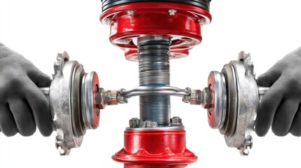 A red and a silver valve assembly with a red cylinder and silver components, being held by gloved hands against a white background.