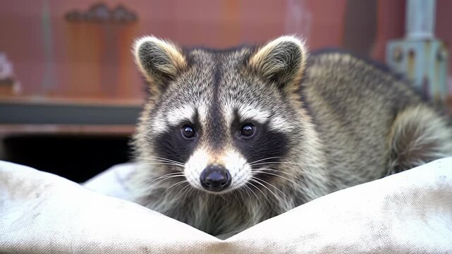 A curious raccoon with soft gray fur and a black mask rests on canvas, gazing into the camera, against a rusty industrial container, peaceful adaptation of wildlife in unexpected industrial setting.