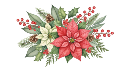 Beautiful watercolor illustration of a christmas poinsettia flower arrangement with pine needles, holly leaves, and berries, isolated on transparent background