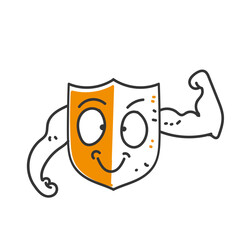cute shield character with strong muscular bicep illustration in doodle cartoon