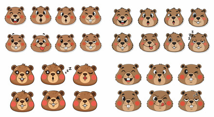 Cute beaver head expressions set with transparent background