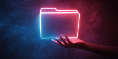 The Neon Folder Floating Above an Outstretched Hand in a Futuristic Dark Space
