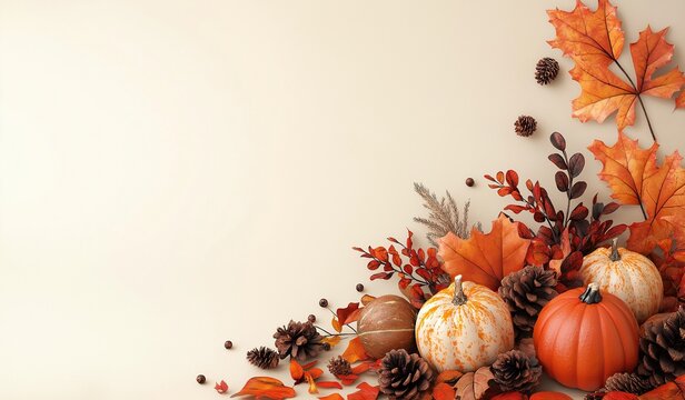 Autumn background with pumpkins pine cones and autumn leaves on a beige background with copy space for text