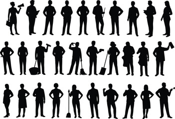 Silhouettes of diverse working people, professions and occupations, black vector icons, career roles, job diversity, workforce illustration, business concept