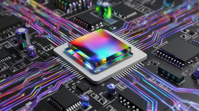 Quantum Computing Chip with Iridescent Logic Gates on Advanced Circuit Board