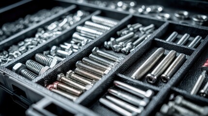 A drawer filled with various bolts and screws, organized into compartments, with a focus on the metallic textures and colors.
