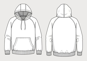 Blank White Pullover Hoodie Mockup Vector - Front & Back Technical Sketch