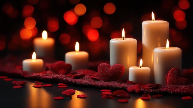 Candles with red and white flames, surrounded by red rose petals and hearts, against a dark background with bokeh lights.