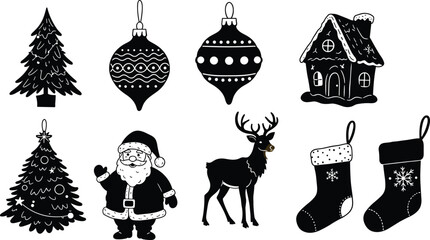 Christmas icons silhouette collection with Santa Claus, reindeer, Christmas tree, ornaments, stockings, gingerbread house, festive winter holiday decoration