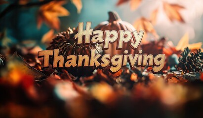 A beautiful and elegant background for thanksgiving holiday with happy thanksgiving text in gold and autumn leaves