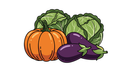 Freshly harvested pumpkin cabbage and eggplants create an organic harvest bounty perfect for healthy cooking and delicious autumn dishes, Generative AI.