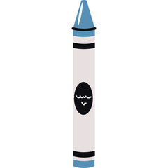 A light blue and white crayon with a black oval face featuring a smiling mouth and wavy lines for hair stands upright against a white background