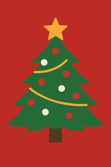 A simple, festive illustration of a green Christmas tree adorned with red and white ornaments, yellow garland, and a golden star on top, set against a vibrant red background.