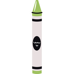 A light green crayon with a black oval label featuring a simple smiling face stands against a white background with a transparent overlay indicating a graphic element