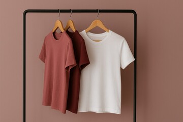 Three plain t-shirts, two reddish-brown and one white, hanging on wooden hangers on a black metal clothing rack against a muted pink background.