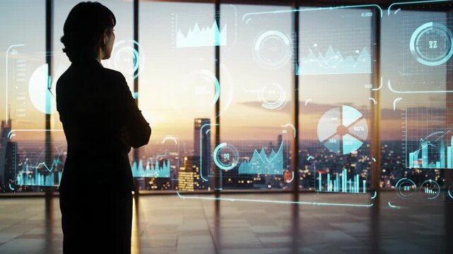 A powerful businesswoman's silhouette in a sleek high-rise office at golden hour, observing holographic data over a panoramic cityscape with city lights. Strategic foresight concept