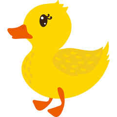 A cheerful cartoon illustration of a small yellow duckling with orange beak and feet walking with its wings slightly open against a transparent background