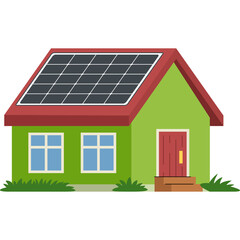A charming cartoon house with a red roof solar panels and green walls featuring two windows and a red door with a yellow handle surrounded by green grass under a clear sky