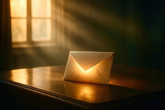 A white envelope is sitting on a table