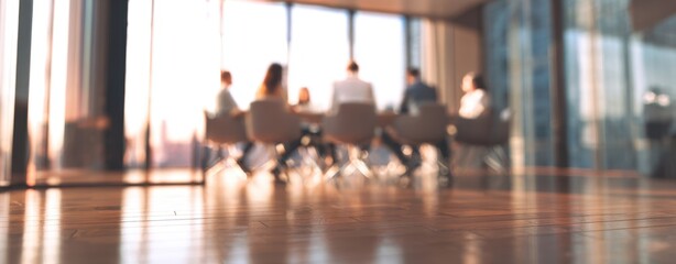 The conference room bathed in warm evening light with blurred meeting figures