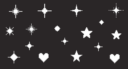 A collection of pixelated white star and heart shapes scattered across a black background.