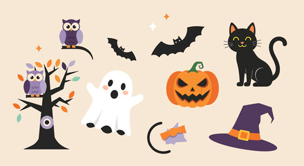 A collection of cute Halloween-themed illustrations including a black cat, pumpkin, ghost, bats, owls, and a witch's hat.