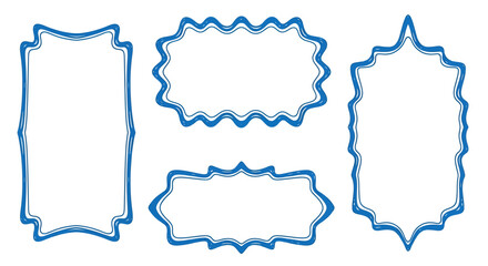 A collection of four empty blue decorative frames with various wavy and scalloped border designs isolated on a white background.