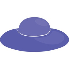 A simple purple wide-brimmed hat with a white accent band is depicted against a transparent background symbolizing fashion and sun protection accessory