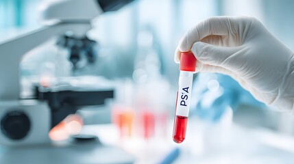 Prostate cancer early detection through a PSA test blood sample, showing a healthcare professional carefully collecting blood in a clean, bright clinical environment symbolizing prevention and trust