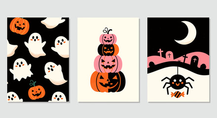 Three Halloween-themed illustrations featuring pumpkins, ghosts, a spider, and a graveyard scene under a crescent moon.