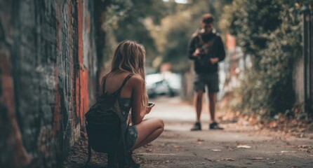 Lost in the City: A woman on a city street, partially obscured, is engrossed with her phone, while a man approaches from a distance. The scene evokes a feeling of urban alienation and solitude. 
