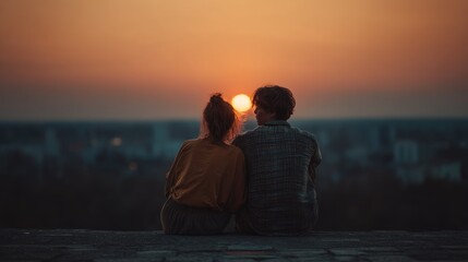 A couple sitting on a ledge, watching the sunset over a city skyline.