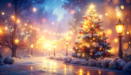 Magical winter night scene featuring a brightly lit Christmas tree, warm street lamps, and twinkling lights reflecting on a snow-covered path, evoking a serene holiday spirit