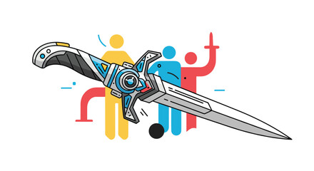 A futuristic dagger with a white and blue handle sits against a background of three stick figures representing a group of people.