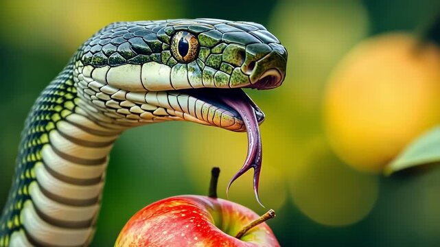 Green snake with tongue out, biting into a red apple in a garden setting.