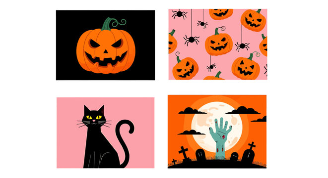 A collection of four Halloween illustrations including a jack-o'-lantern, a black cat, a zombie hand, and a spooky pattern.