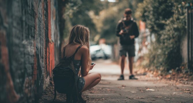Lost in the City: A woman on a city street, partially obscured, is engrossed with her phone, while a man approaches from a distance. The scene evokes a feeling of urban alienation and solitude. 