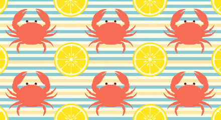A seamless pattern featuring red crabs and yellow lemon slices on a background of blue and yellow stripes.