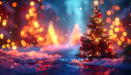 A Serene Winter Evening Scene Featuring a Lighted Christmas Tree and Snow-Covered Pathway Lined with Lamps