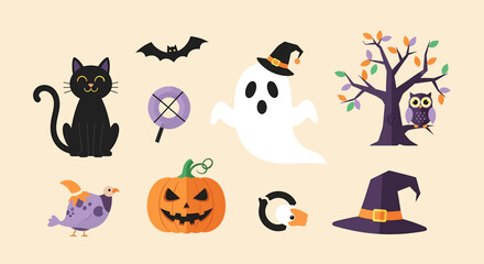 A collection of cute cartoon Halloween icons including a ghost, black cat, pumpkin, and witch hat.