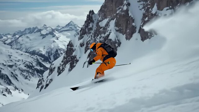 Professional Skier Skiing Down Snowy Mountain With Rocks and Trees