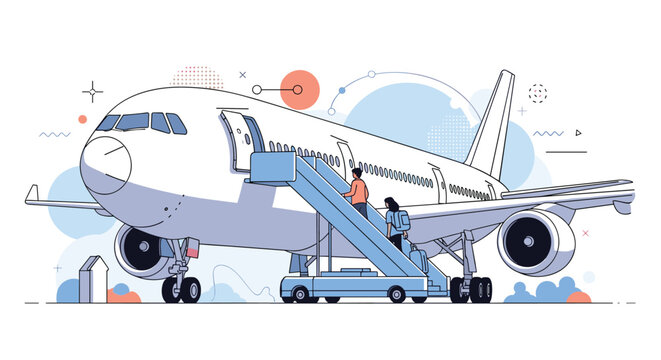 Modern airline illustration features passengers boarding a plane via mobile stairs, set against abstract design elements and a clean background.