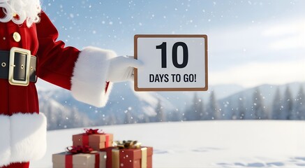 Santa shows 10 days till Christmas with snow falling, gifts, and festive cheer in a bright winter landscape, perfect for holiday marketing